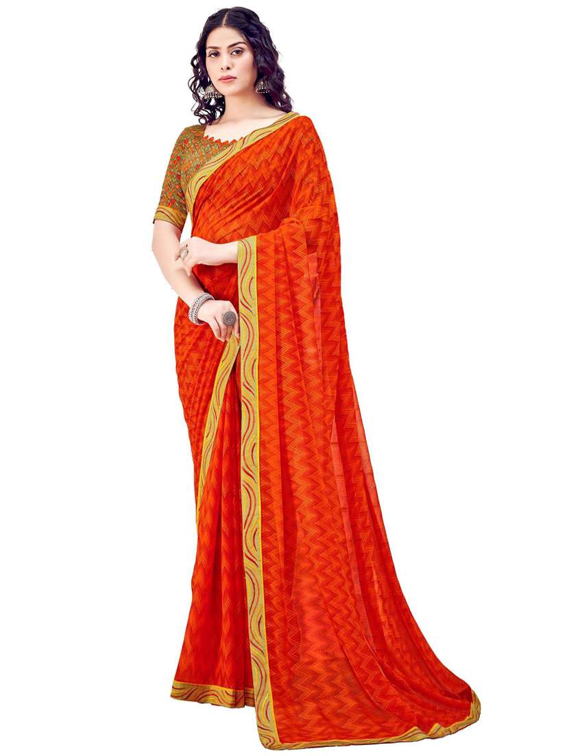 women's chevron orange colored saree with blouse