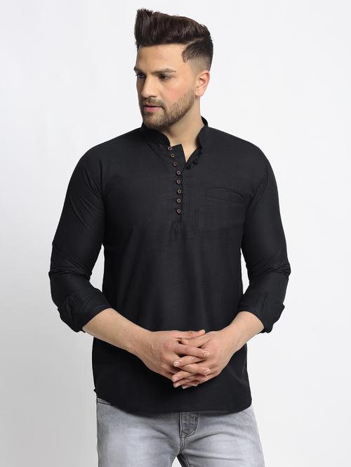 black cotton short kurta - 19600793 -  Standard Image - 0