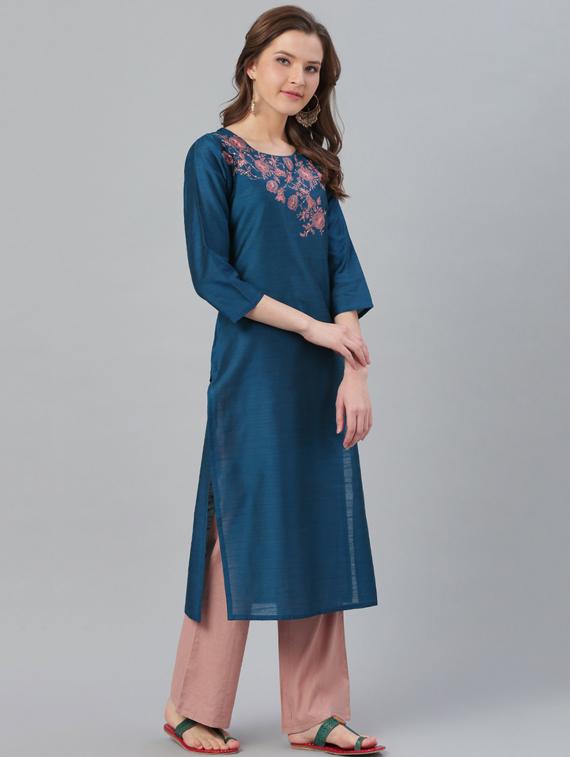 teal self design straight kurta - 19600905 - Standard Image - 1