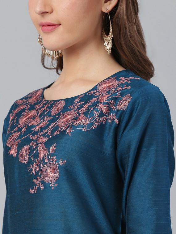 teal self design straight kurta - 19600905 - Standard Image - 4