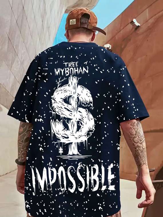 men navy blue oversized front and back print t-shirt