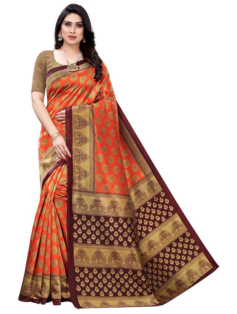 orange printed  bhagalpuri  saree with blouse
