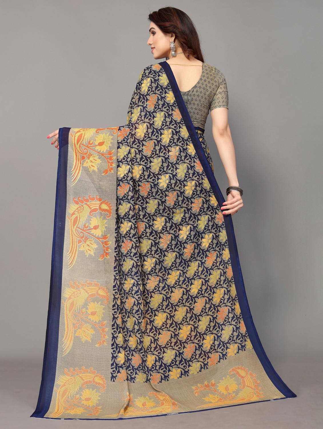 dark blue printed saree with blouse - 19602781 -  Standard Image - 1