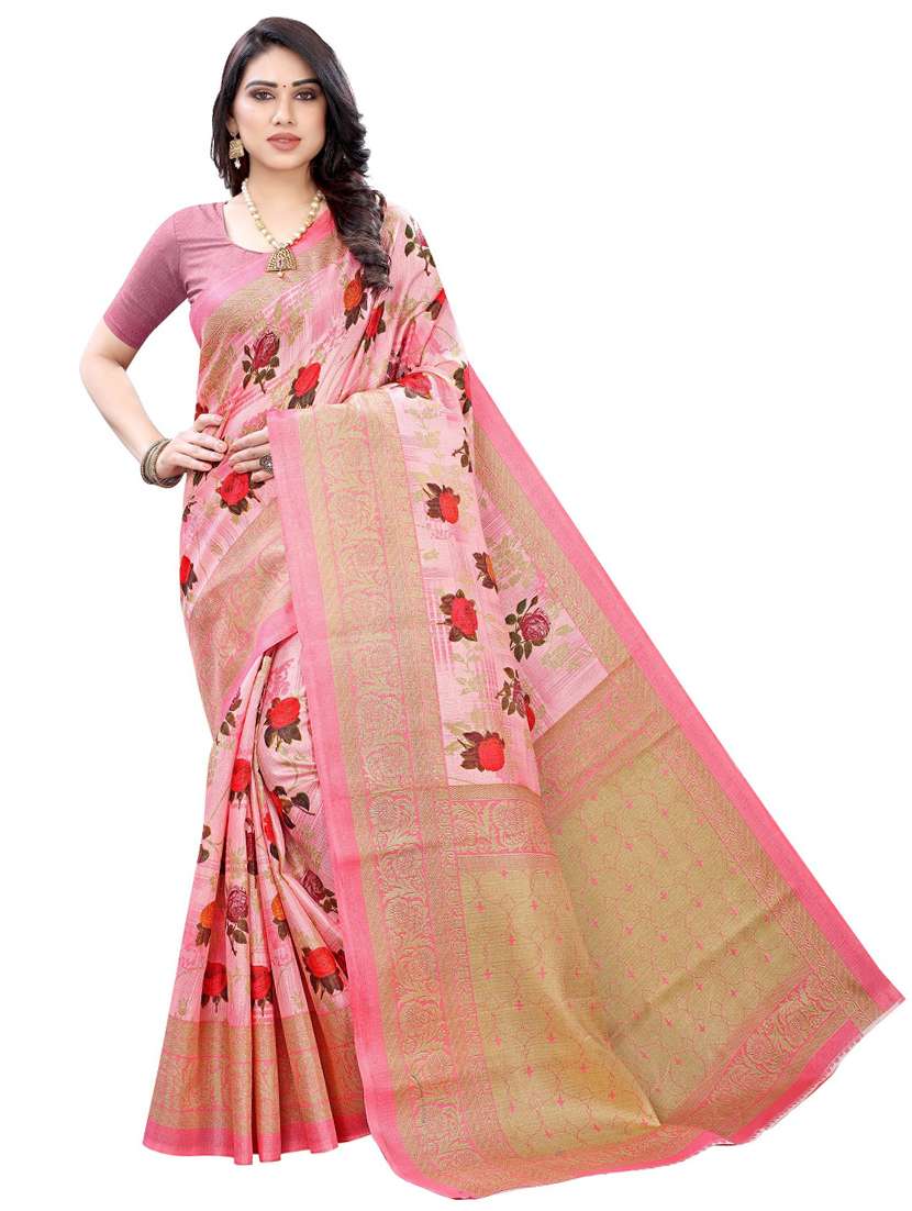 pink self design woven saree with blouse