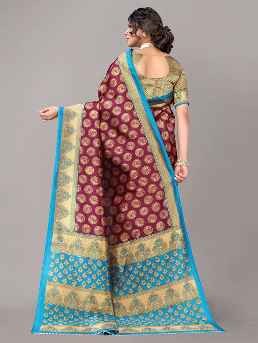 contrast printed woven saree with blouse - 19603306 -  Standard Image - 1