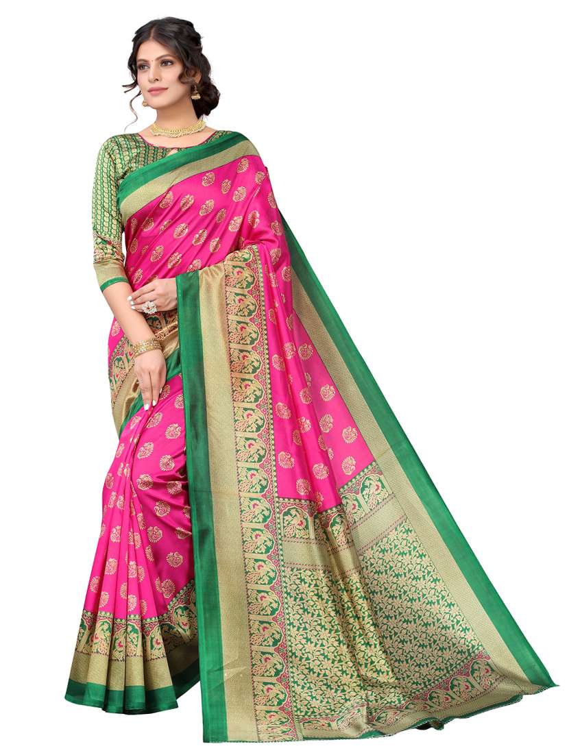 printed banarasi contrast saree with blouse