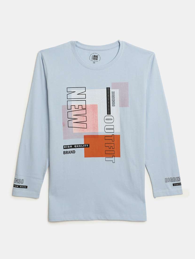 light blue printed round neck t-shirt