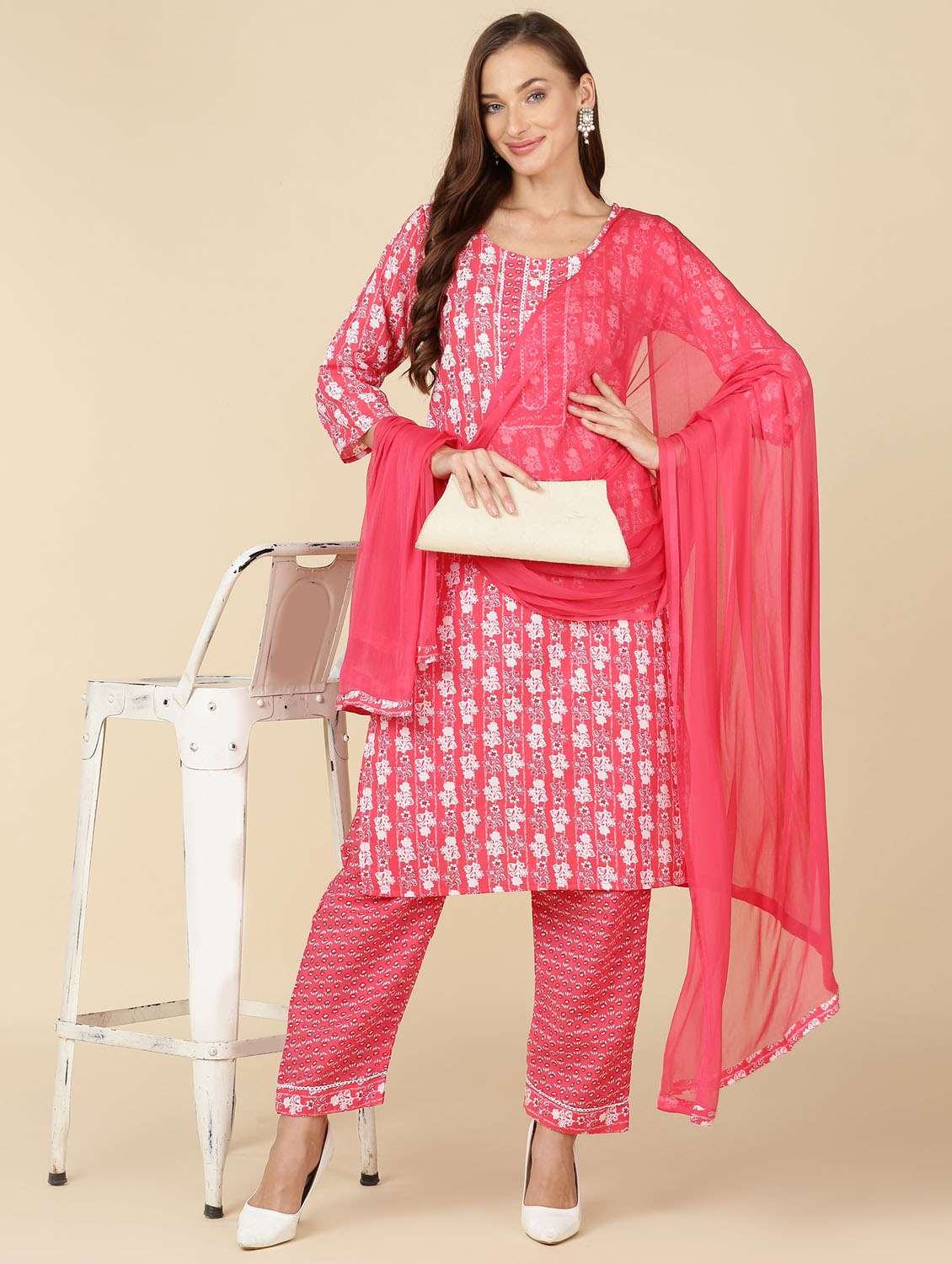 women three quarter sleeve kurta pant with dupatta set