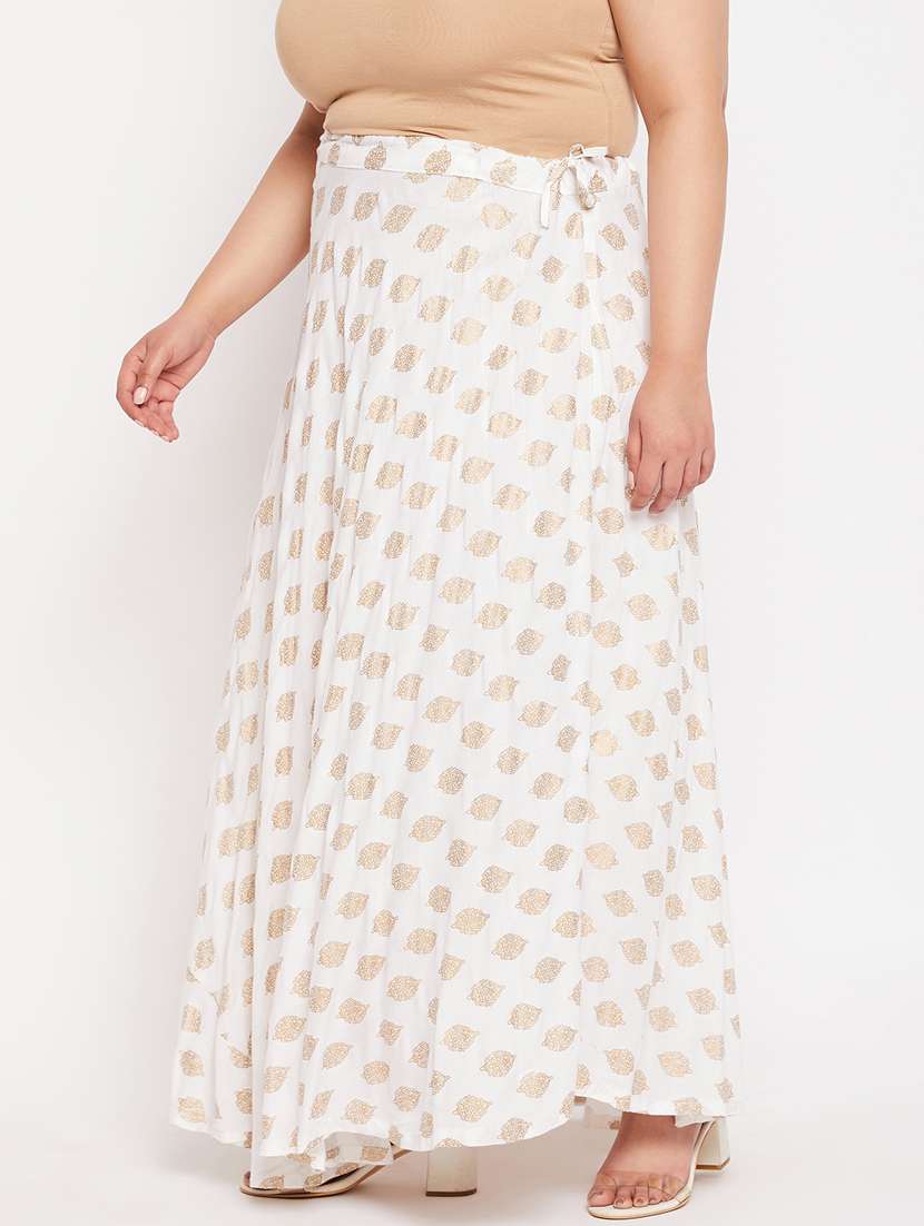 White Printed Flared Long Skirt