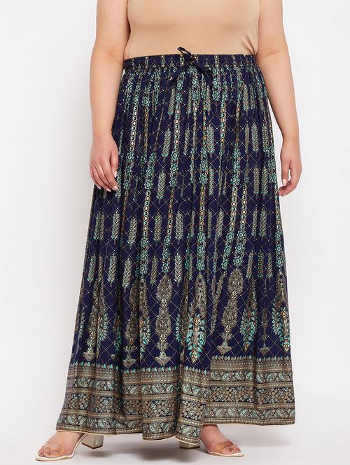 navy blue printed flared long skirt - 19607921 -  Standard Image - 0