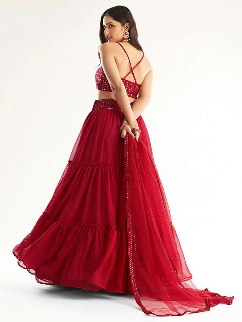 red flared semi-stitched lehenga - 19607927 - Standard Image - 1