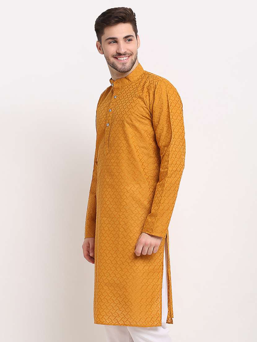 men solid with work mandarin neck long kurta - 19608013 -  Standard Image - 1