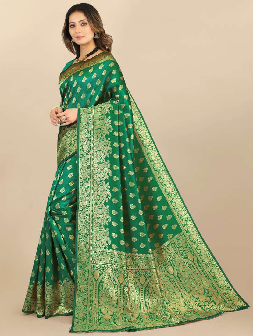green jacquard banarasi saree with blouse - 19608913 -  Standard Image - 1