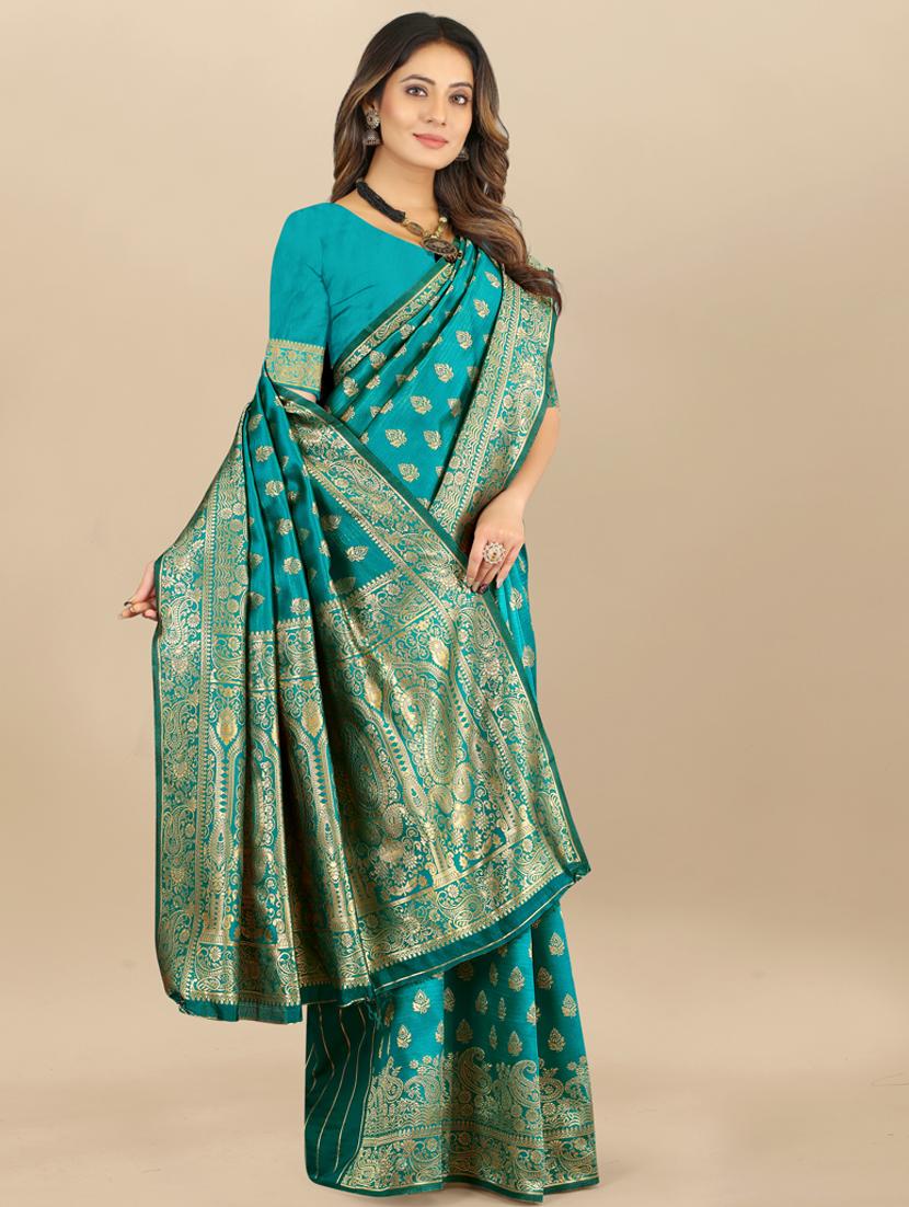turquoise jacquard banarasi saree with blouse - 19608916 -  Standard Image - 1