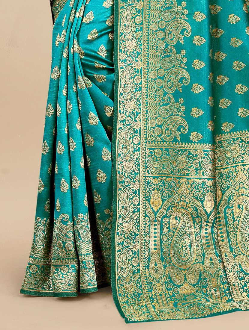 turquoise jacquard banarasi saree with blouse - 19608916 - Standard Image - 4