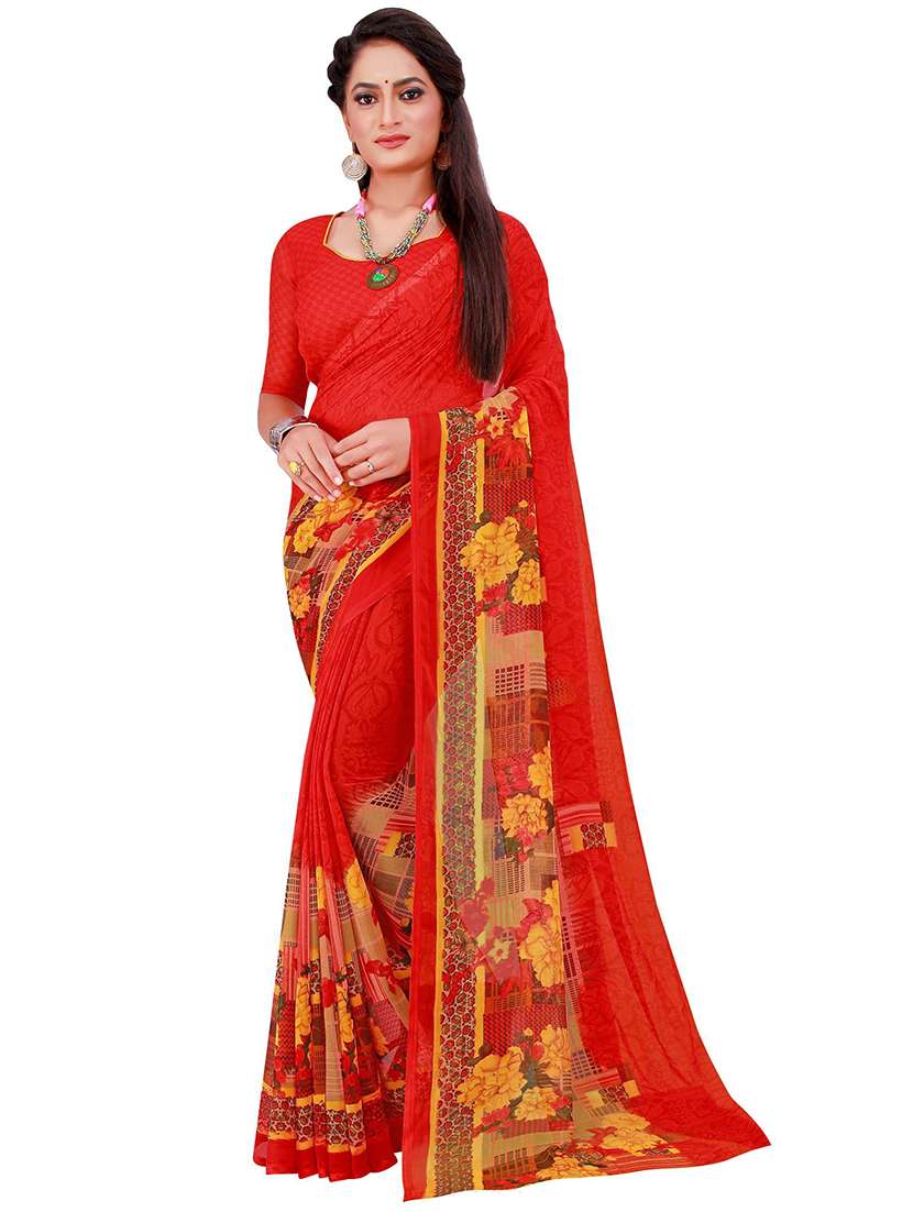 women's floral red colored saree with blouse