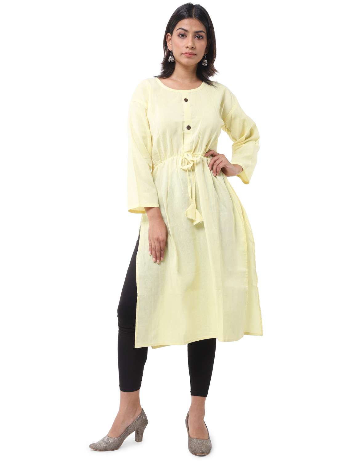 yellow cotton blend solid kurta