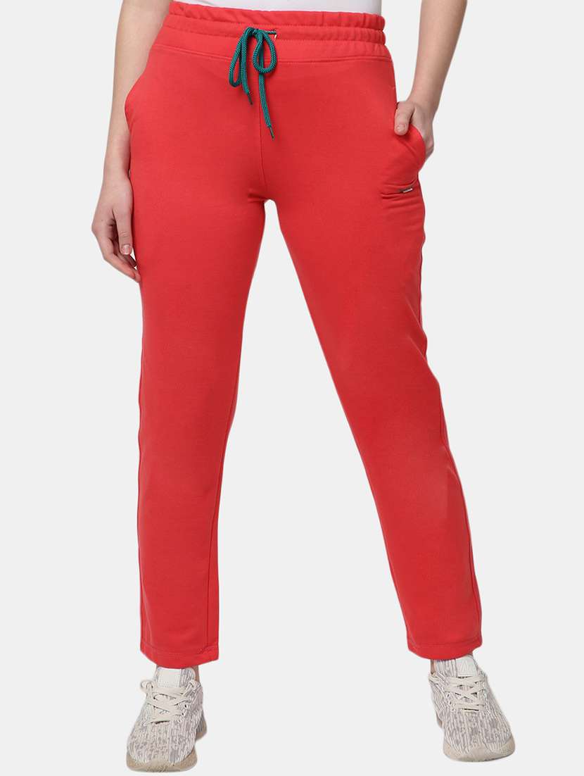 red mid rise solid track pant