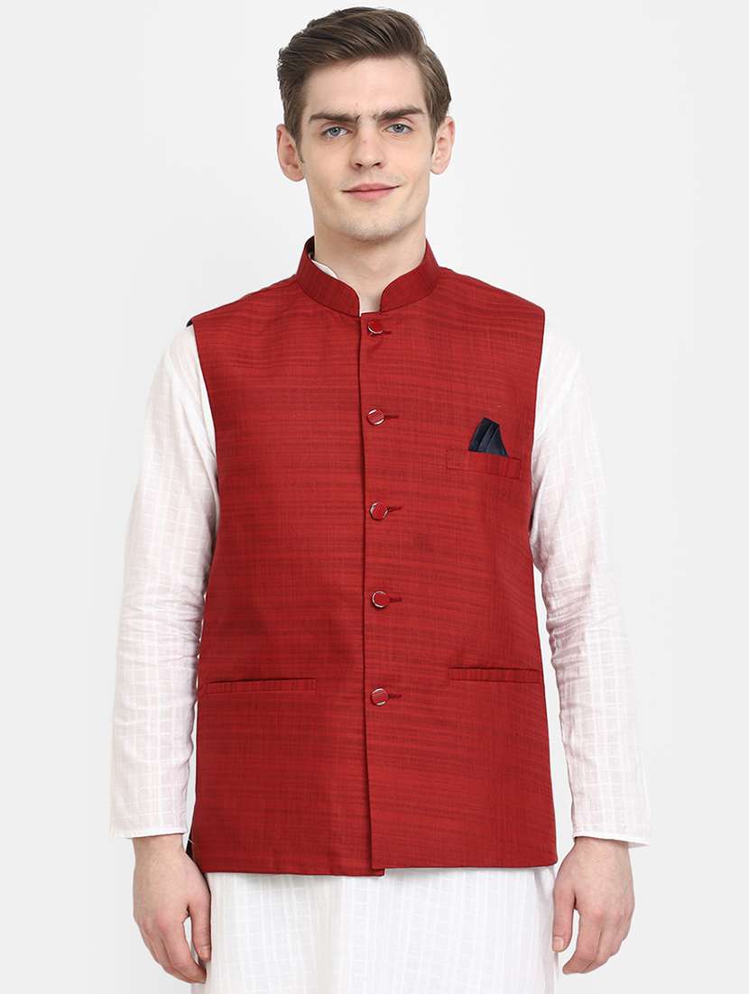 red cotton nehru jacket