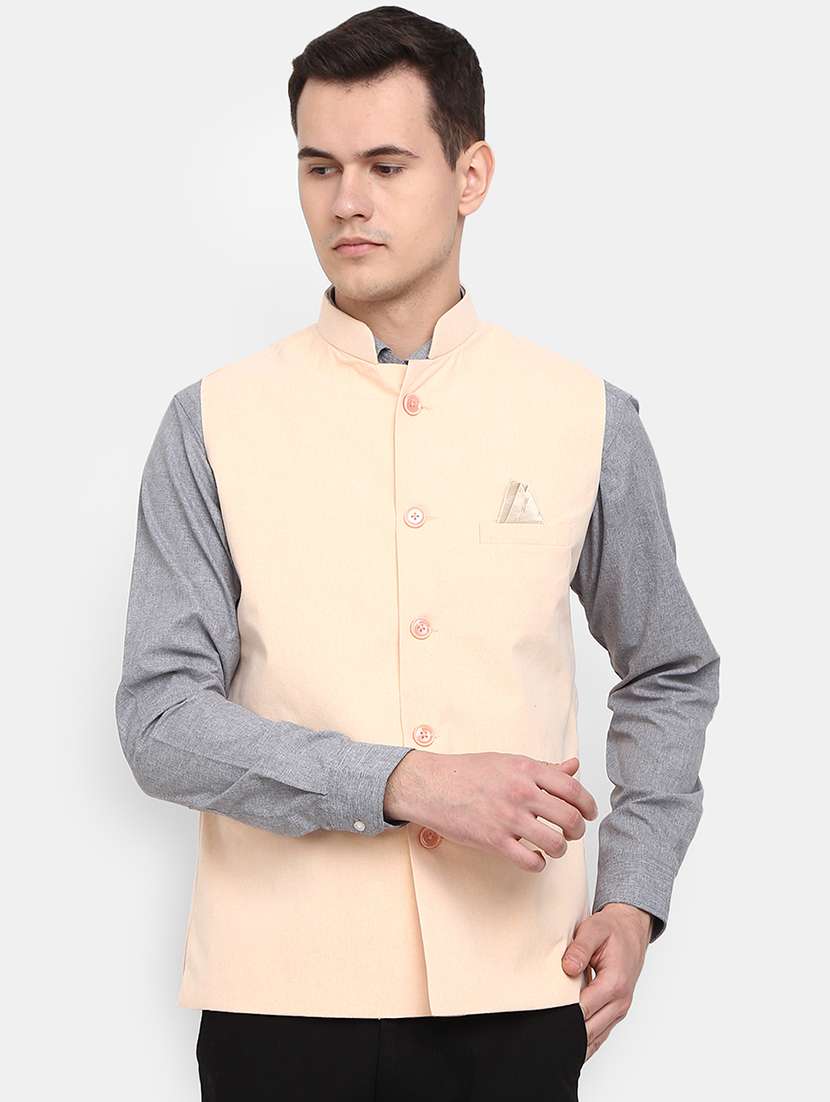 peach solid nehru jacket