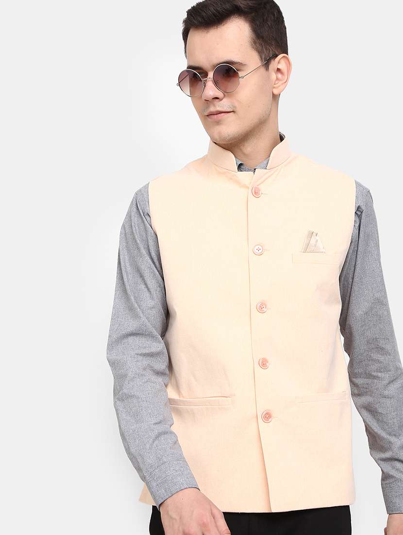 peach solid nehru jacket - 19616248 -  Standard Image - 1