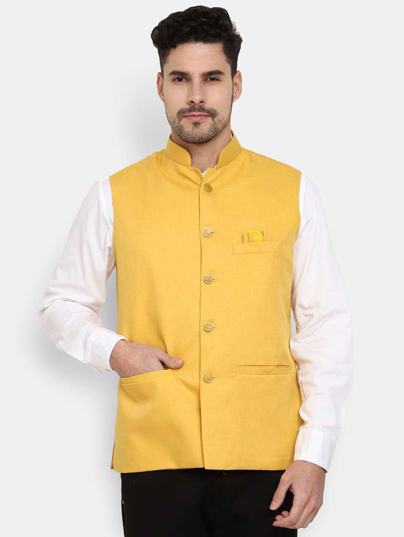 yellow solid nehru jacket