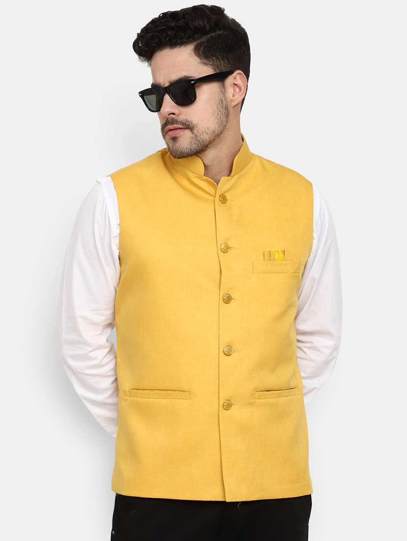 yellow solid nehru jacket - 19616250 -  Standard Image - 1
