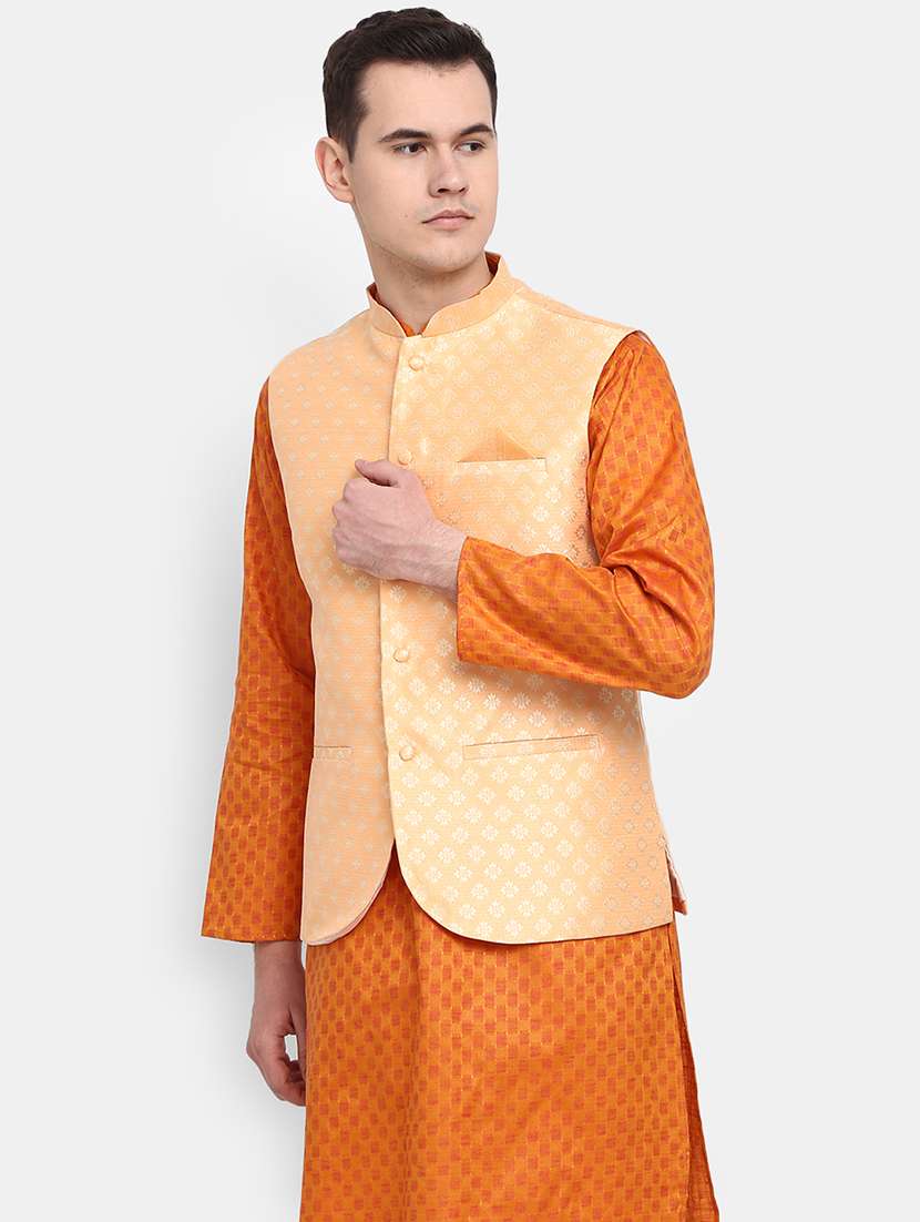 orange self design nehru jacket