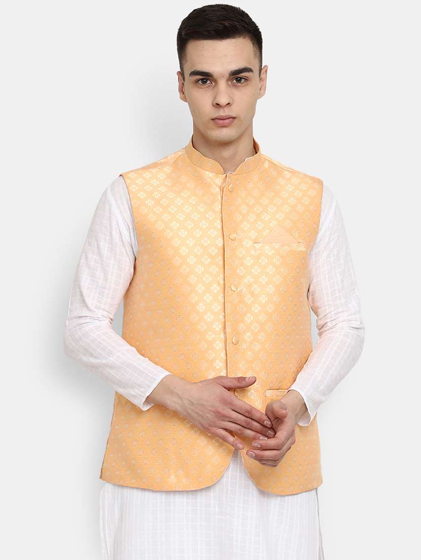 orange self design nehru jacket