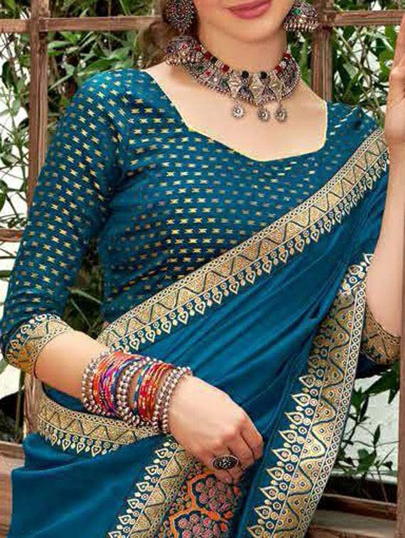 blue solid bordered saree with blouse - 19616423 -  Standard Image - 1