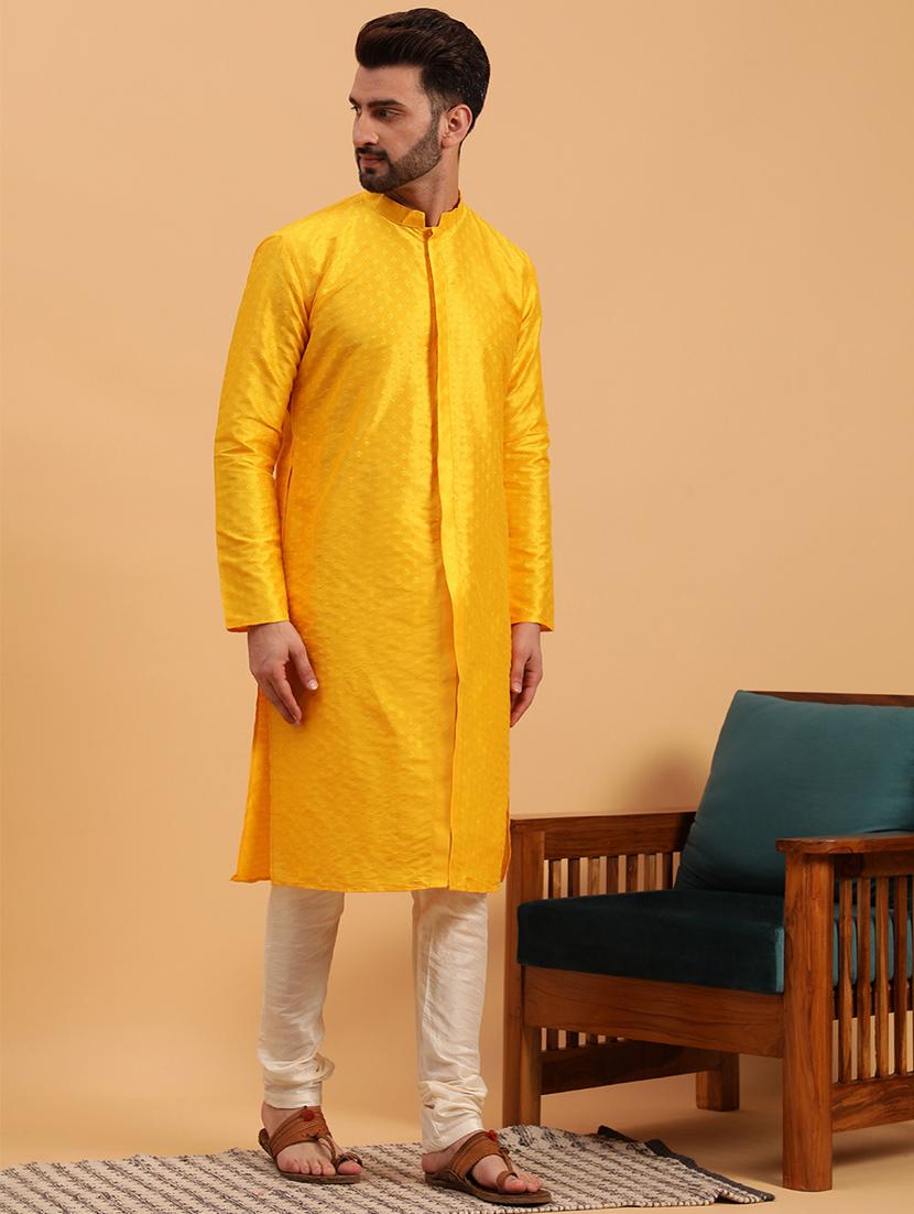 yellow self design kurta pyjama ethnic wear set - 19616505 - Standard Image - 1