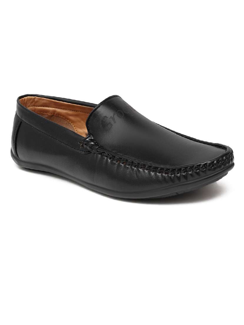 black synthetic slip on loafers