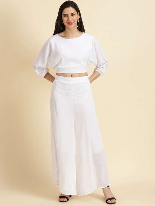 round neck solid top and palazzos set co-ord - 19620564 - Standard Image - 0