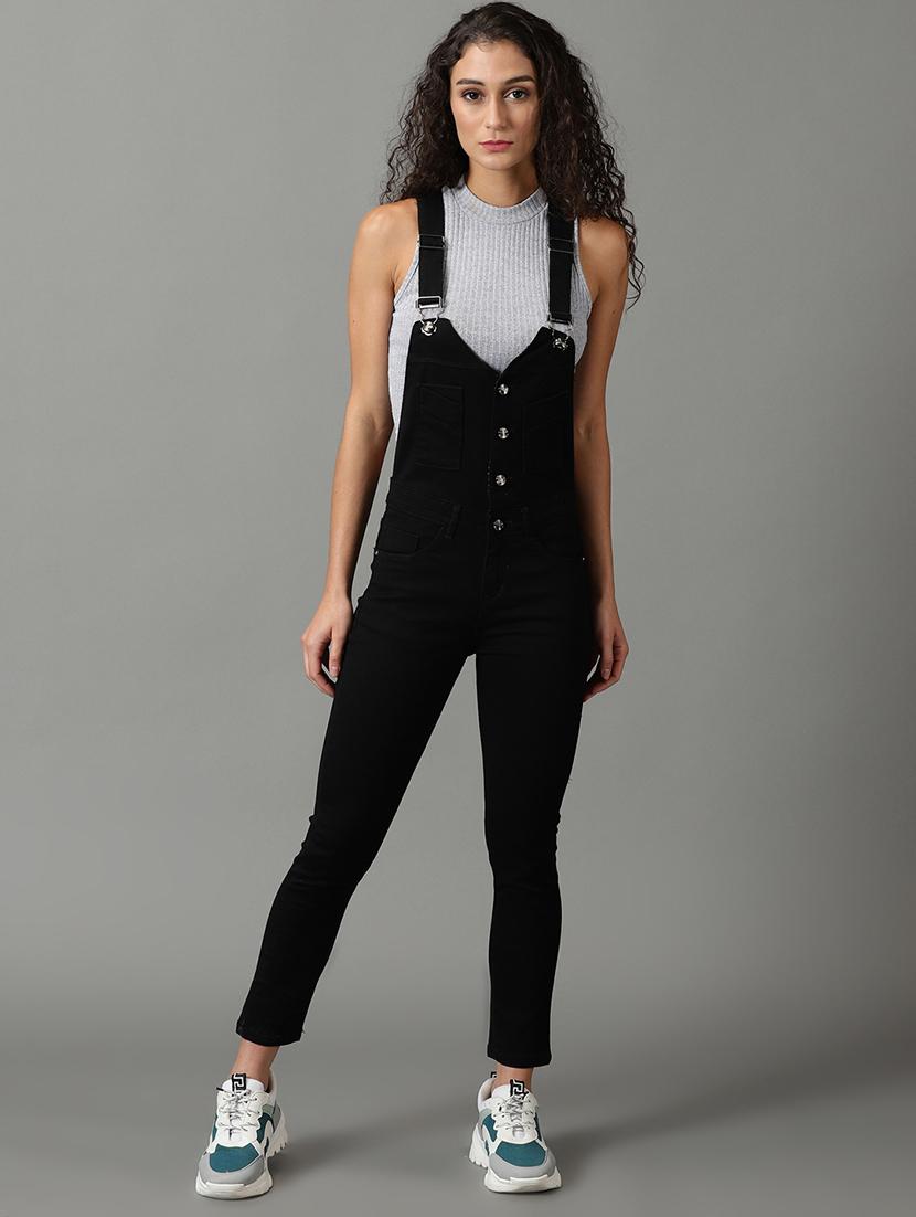 v neck solid dungaree jumpsuit