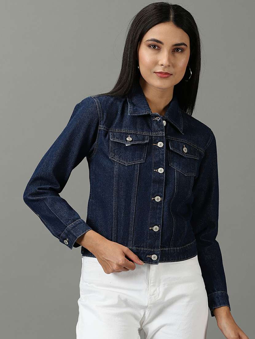 spread collar solid denim jacket