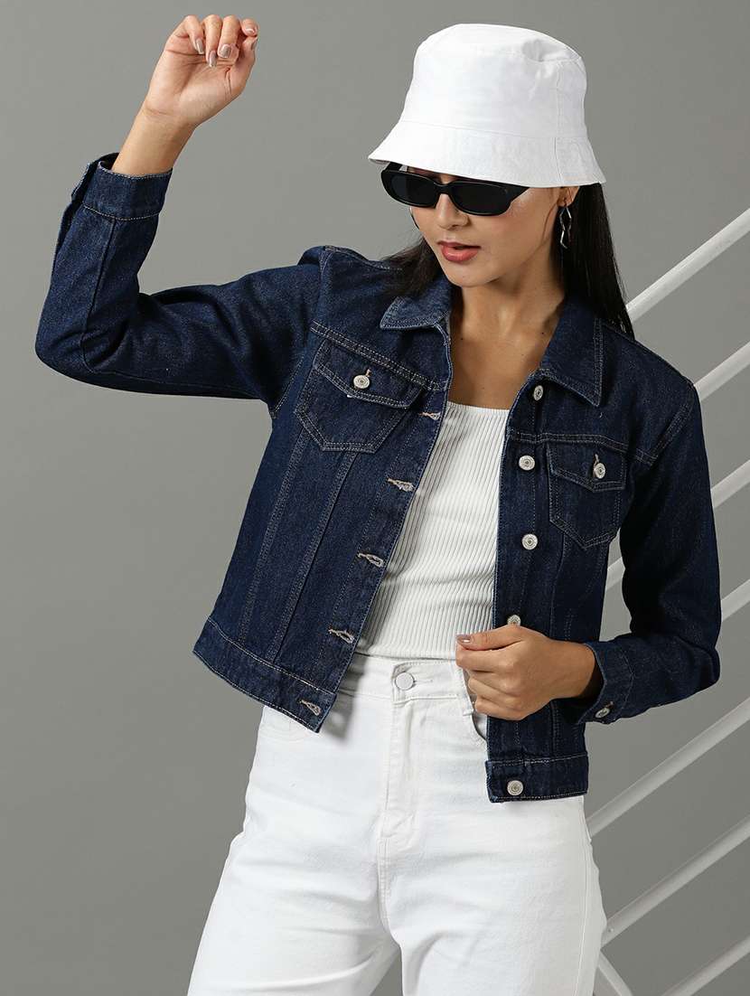 spread collar solid denim jacket - 19621797 -  Standard Image - 1