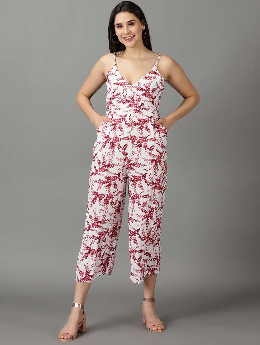 v neck floral printed 3/4 jumpsuit