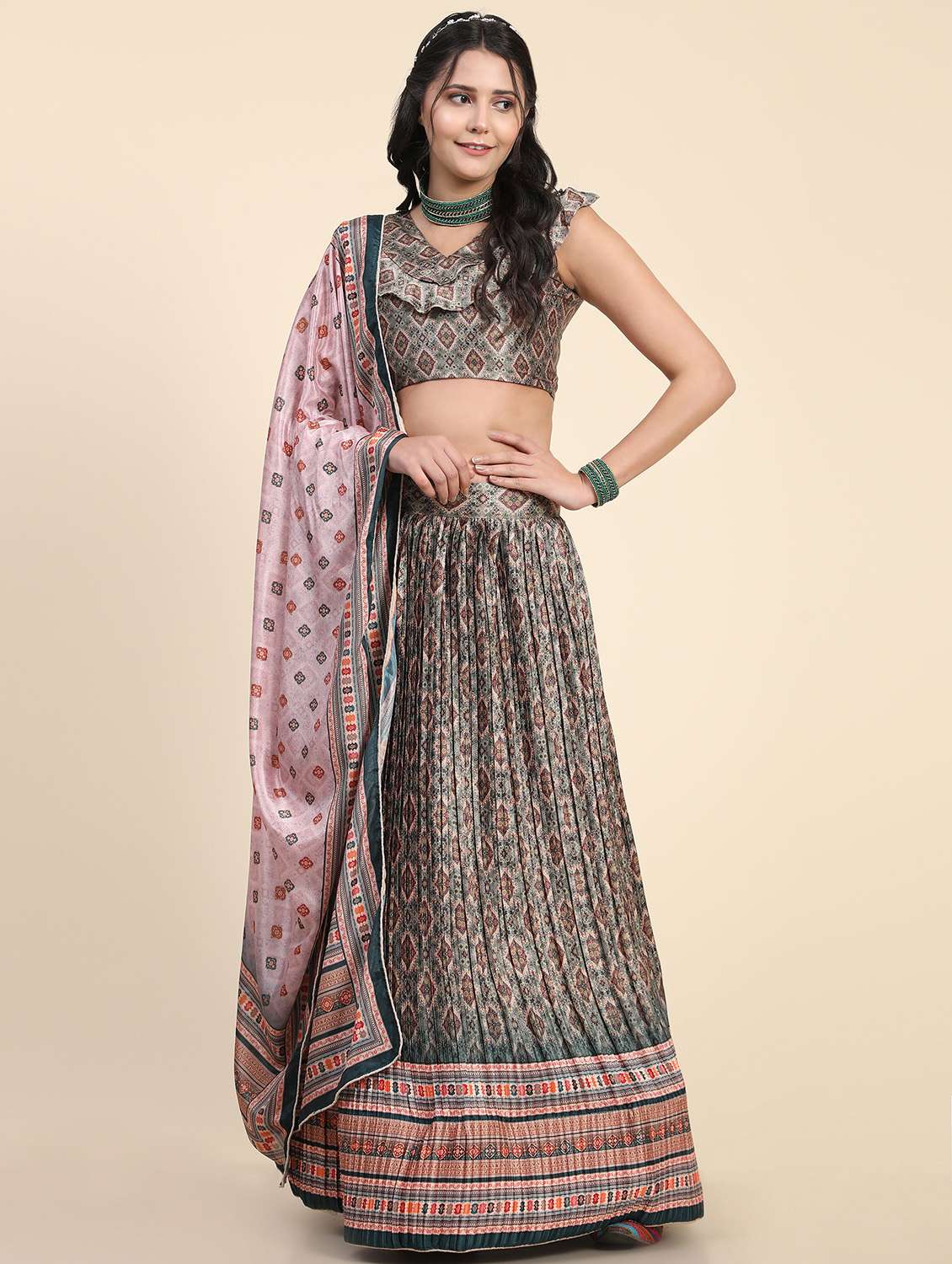 printed flared semi stitched lehenga - 19622049 - Zoom Image - 0