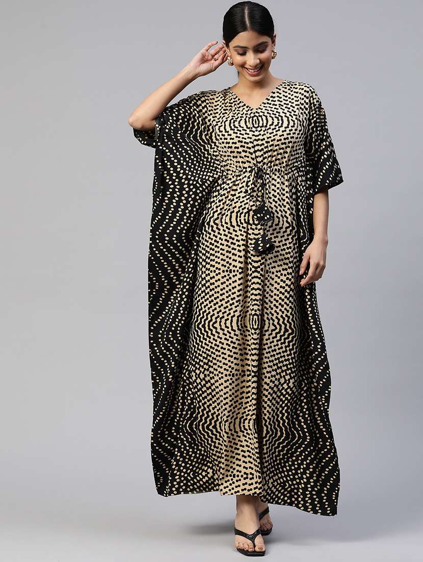 women printed v neck maxi kaftan dress