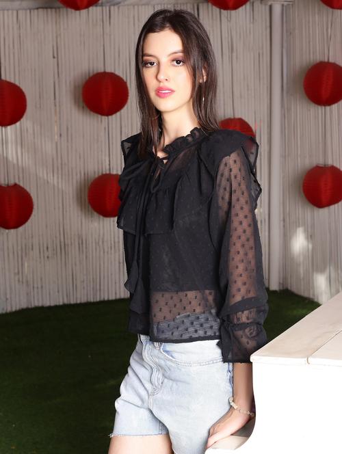 women's ruffle tie-up neck top - 19624665 -  Standard Image - 0
