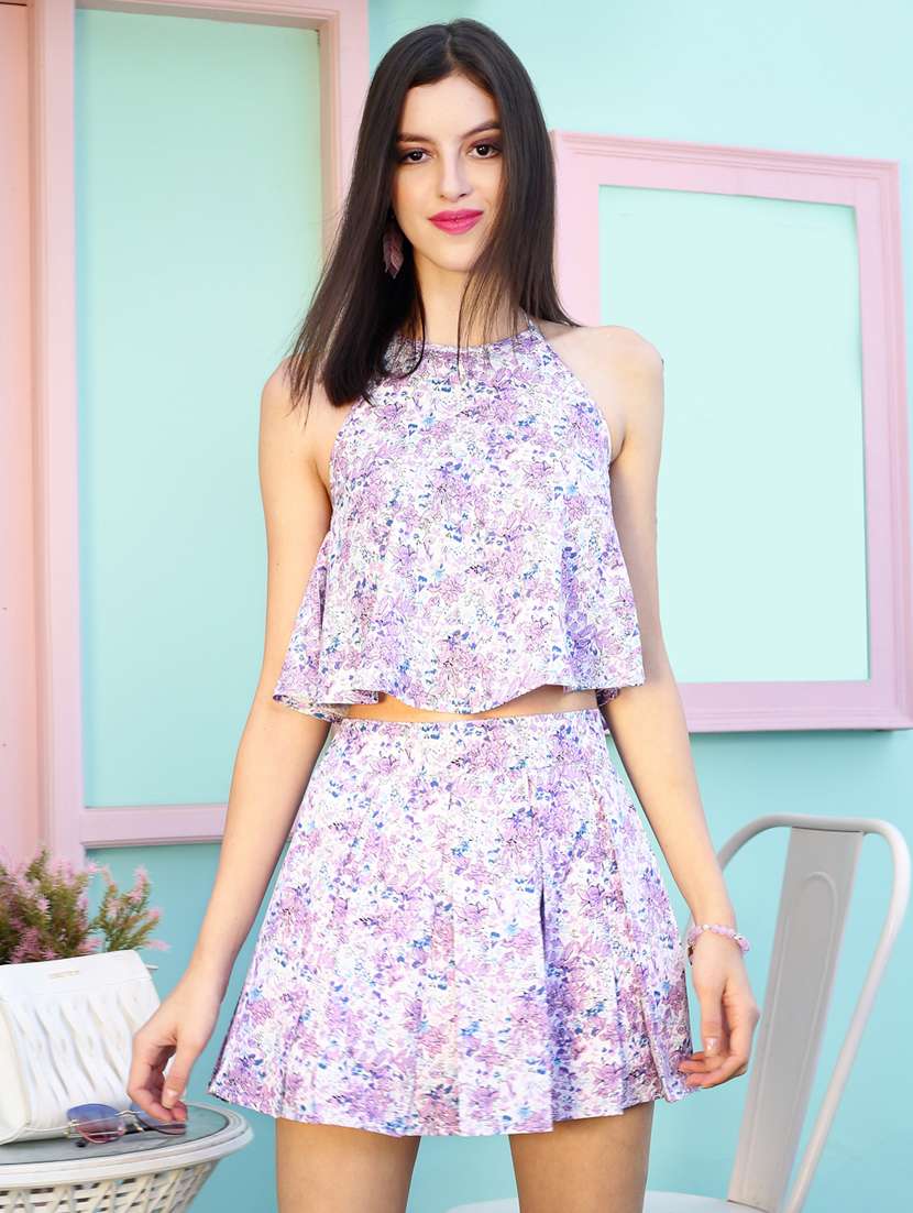 multi colored printed top and skirt co-ord set