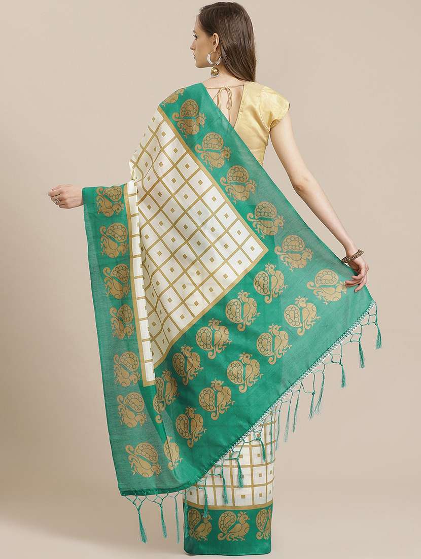 women's checks off white colored saree with blouse - 19630785 -  Standard Image - 1
