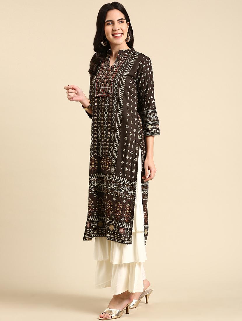 women brown printed mandarin neck kurta palazzo set - 19631388 - Standard Image - 1