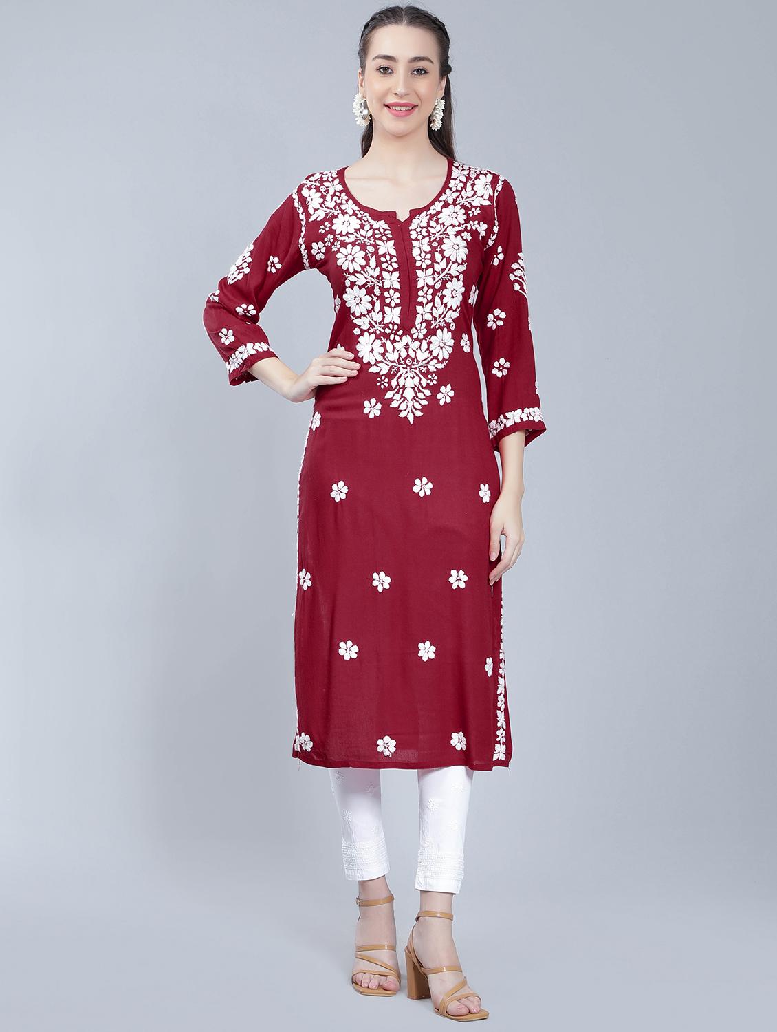 maroon rayon chikankari straight kurta - 19631869 -  Zoom Image - 0