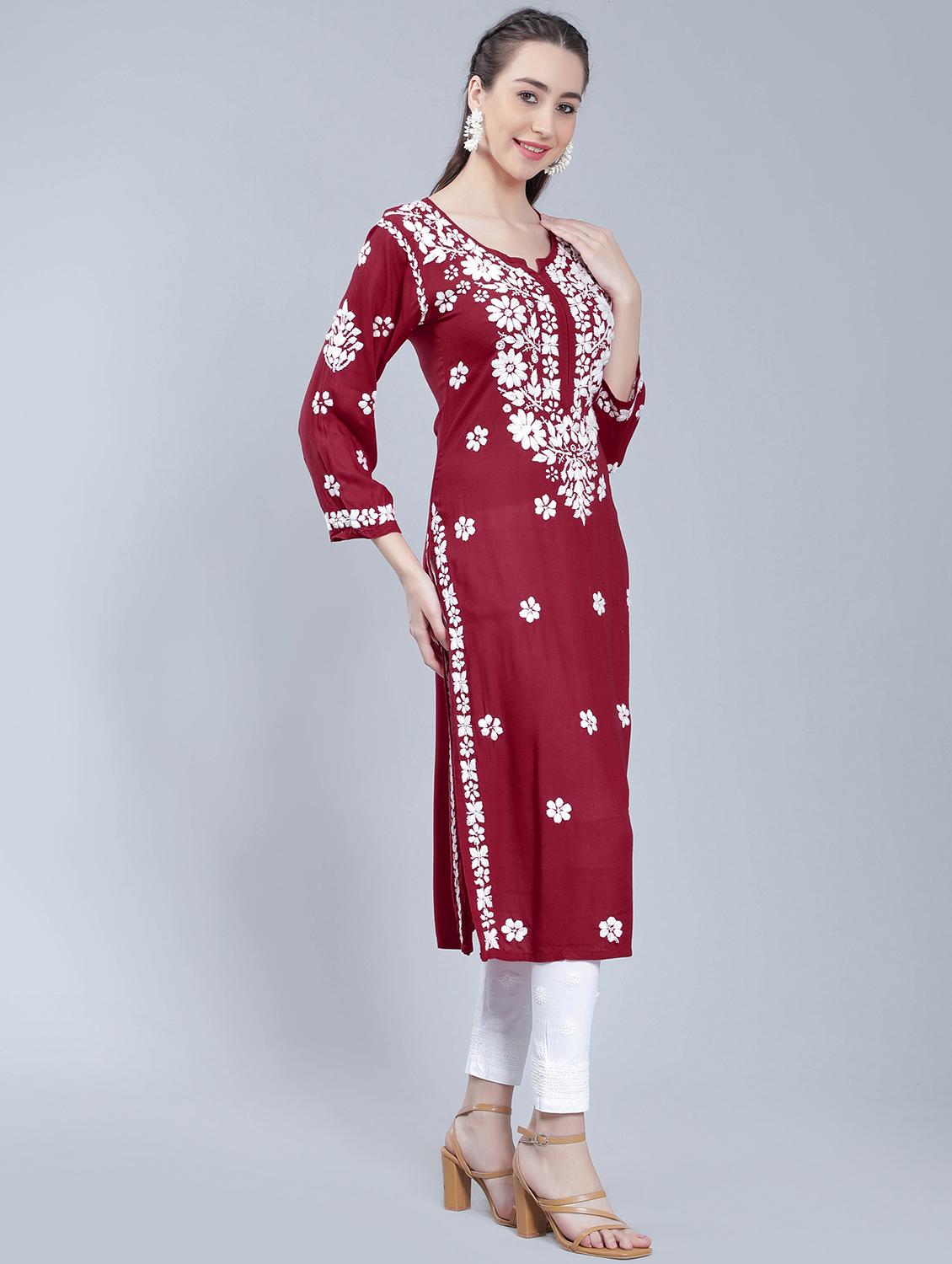 maroon rayon chikankari straight kurta - 19631869 -  Standard Image - 1