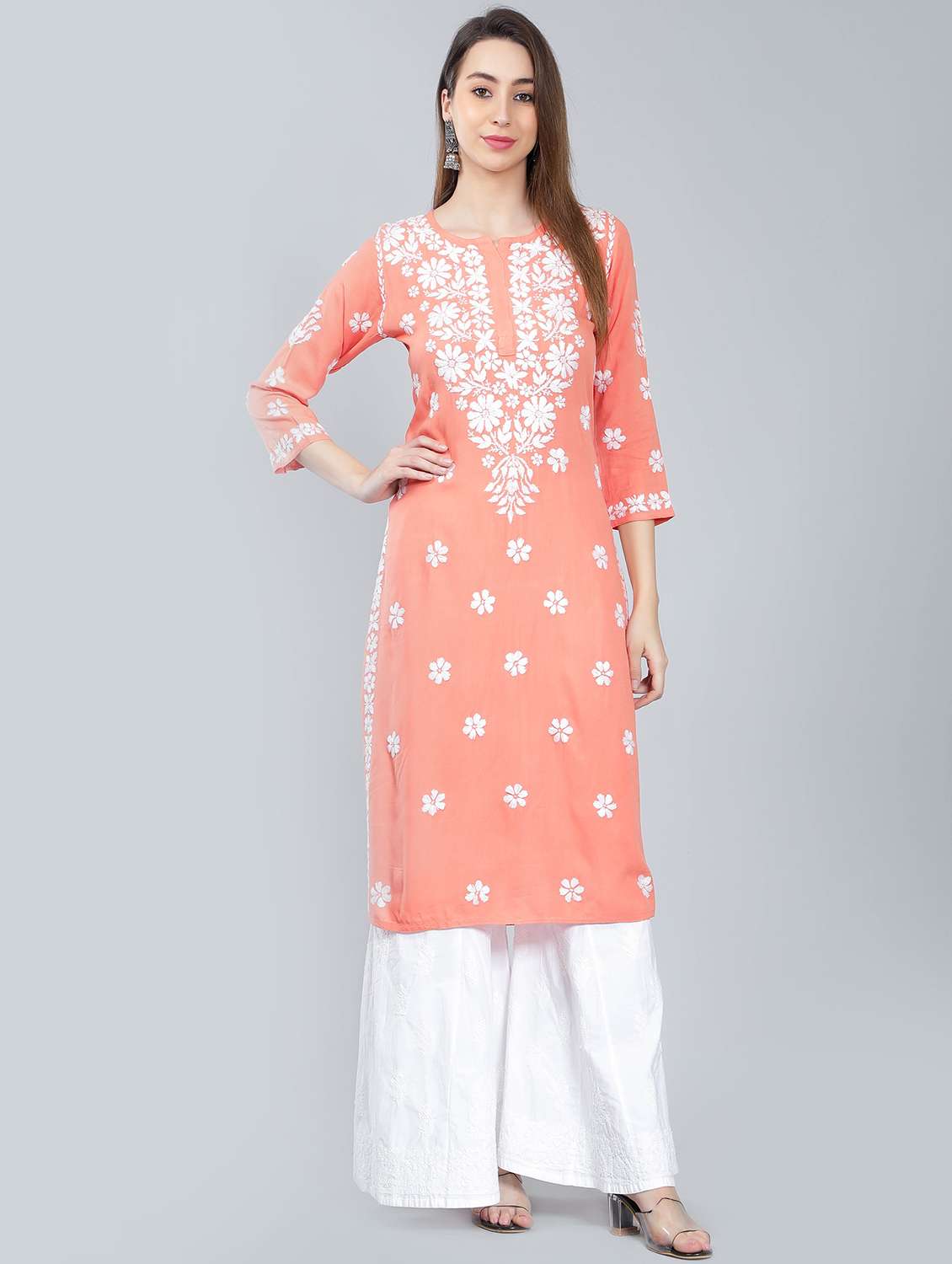 peach rayon chikankari straight kurta