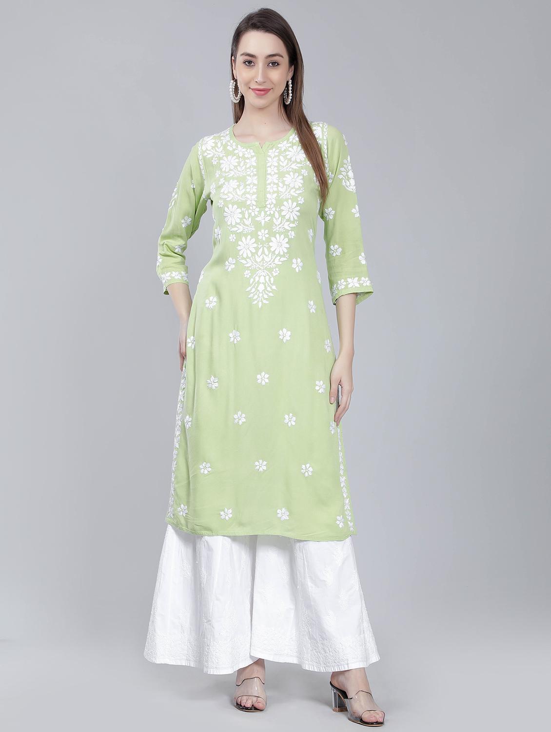 green rayon chikankari straight kurta - 19631871 - Zoom Image - 0