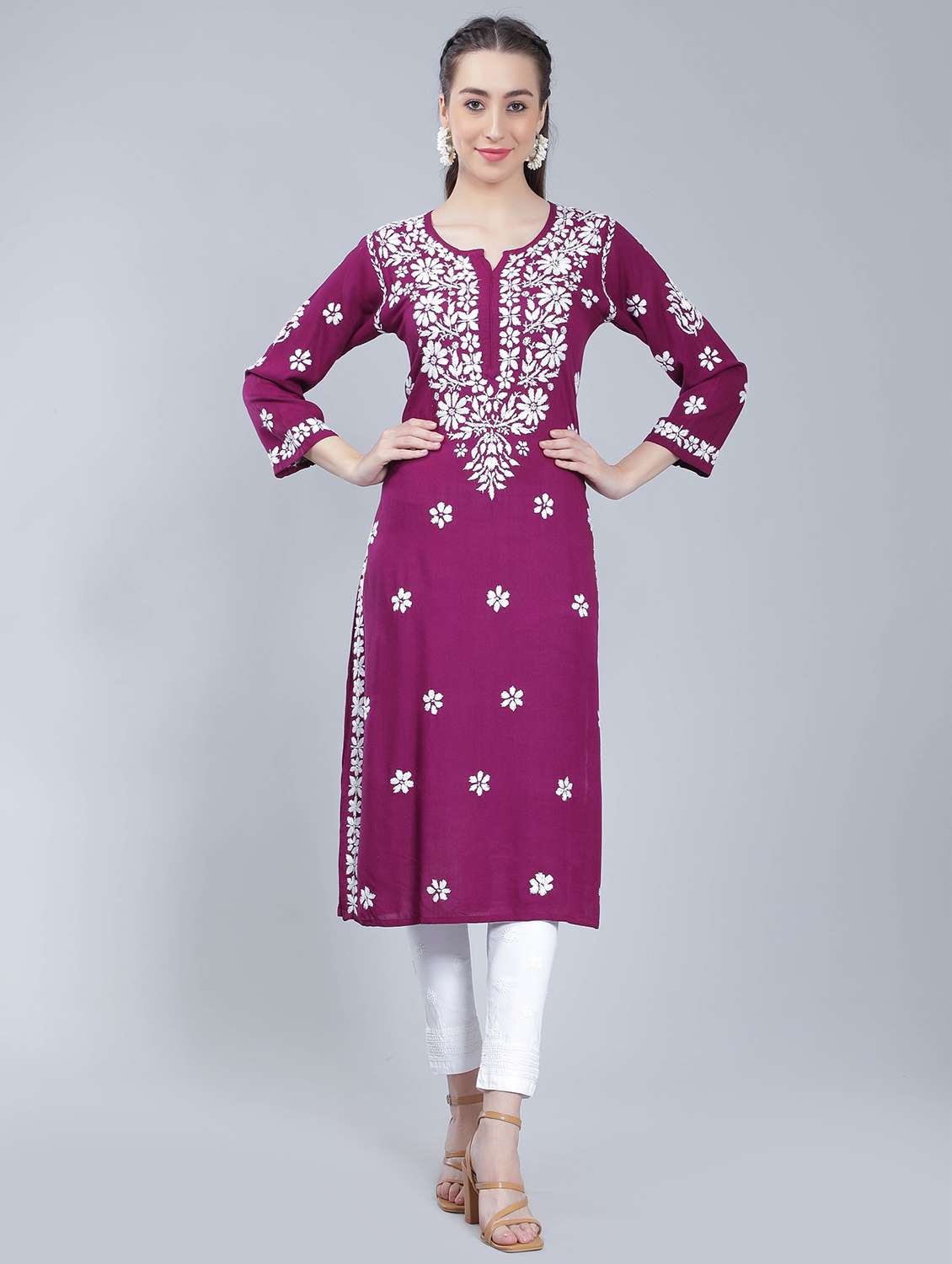 purple rayon chikankari straight kurta