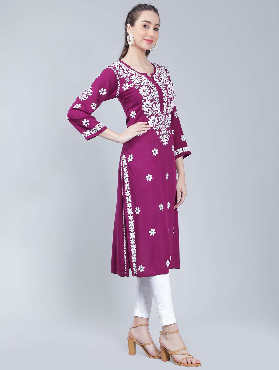 purple rayon chikankari straight kurta - 19631873 - Standard Image - 1