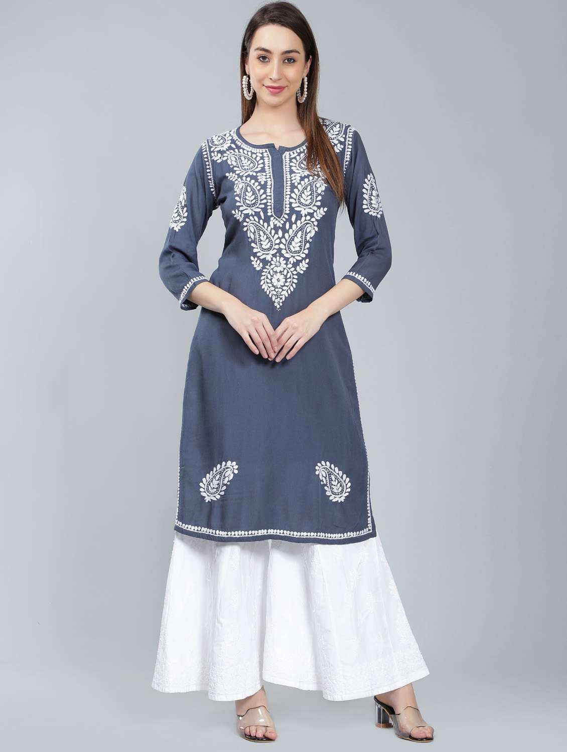 grey chikankari straight kurta